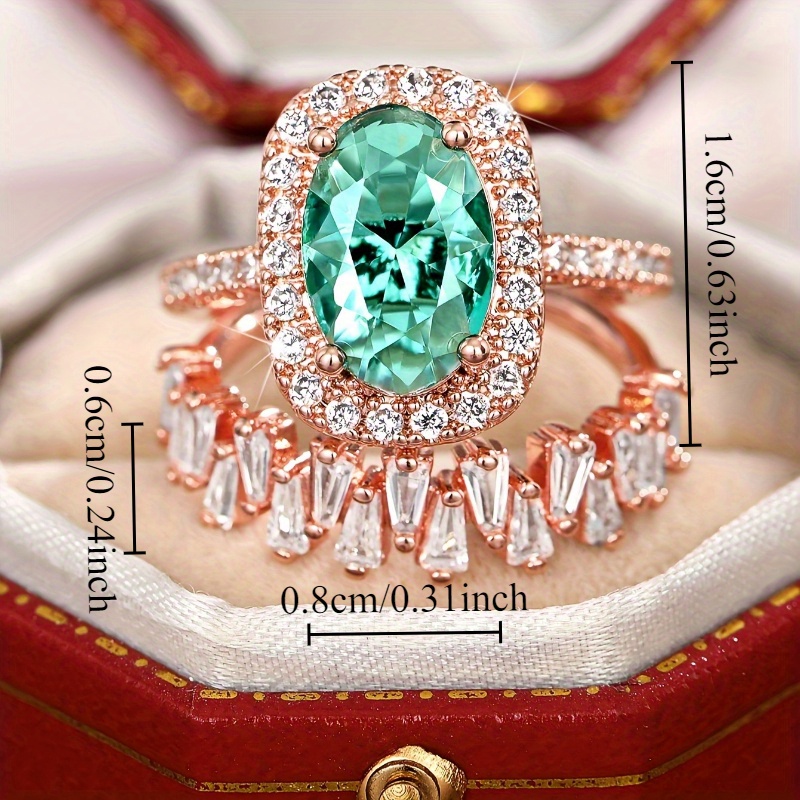 2pc Luxury Inlay Oval Green Zircon Halo Ring Set